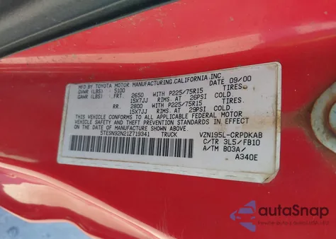 2001 Toyota Tacoma Prerunner V6 z USA, uszkodzony, nr VIN 5TESN92N21Z719341